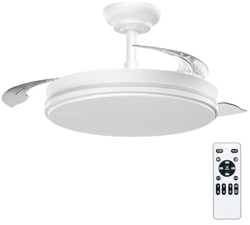 Casa Shop Ventilador con Luz LED 72W de 7590lm, 30W Motor DC, temporizador, 6 velocidades, aspas retráctiles, CCT, función verano-invierno Silencioso, Controlador Incorporado (Blanco)