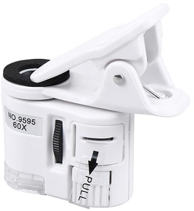 Microscopio para Teléfono Móvil 60x Blanco con Luz LED y UV | Clip para Teléfono Móvil, Plástico, 3 Pilas Botón Lr1130 Incluidas, Cámara de Vídeo
