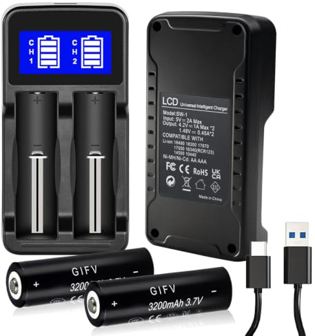 SKIKHN Batterie rechargeable 3,7 V avec chargeur, chargeur de batterie intelligent avec écran LCD, chargeur de batterie USB 2 compartiments, avec 2 boutons sur le dessus 3,7 V, pour lampes frontales