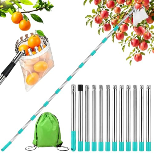 Alluring Apfelpflücker, Obstpflücker mit Teleskopstiel, 4.2M Obstpflücker Teleskop mit Leichter Edelstahl Teleskoppfahl und Baumwollbeutel, Die Ernteernte Apfel-Birnen-Pfirsich Usw für hohe Bäume