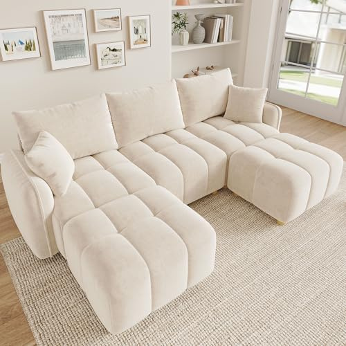 BTM U/L-Form Wandelbares Ecksofa mit 2 Hockern und Kissen, Modulares Cloud Sofa Wohnzimmer Wohnlandschaft Beige