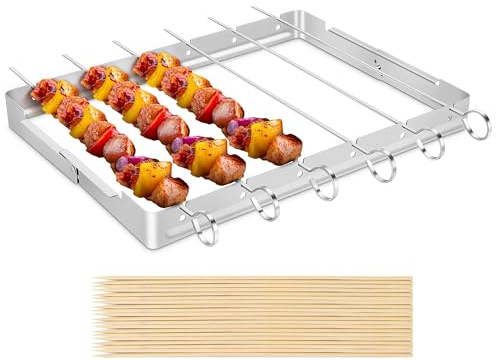 Unicook Stainless Steel BBQ Shish Kabob Set, Foldable Shish Kabob Holder with 6pcs 13L Skewers, Reusable Grill Rack, Comes with 30pcs 12.5L Bamboo Skewers for Party and Cookout