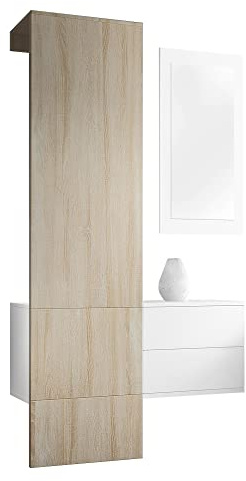 Vladon Penderie Carlton Set 2, Meuble d’entrée Comprenant 1 Panneau Porte-Manteau, 1 Coffre à tiroir et 1 Miroir Mural, Blanc Mat/chêne Brut (105 x 193 x 35 cm)