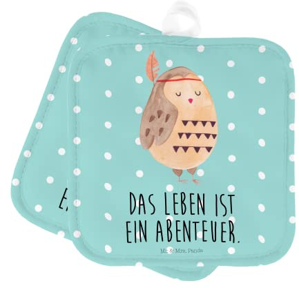 Mr. & Mrs. Panda 2er Set Topflappen Eule Federschmuck - Geschenk, Abenteuer, Reisespruch, Ofenhandschuhe, Dekoration, Schöne Topflappen,