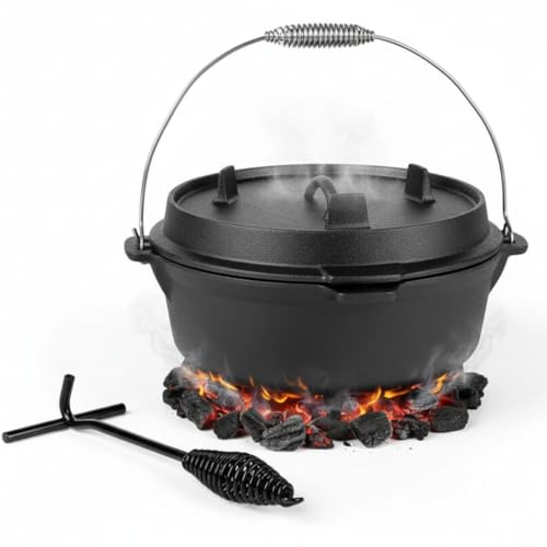 Melko Dutch Oven Gusseisen Topf 9 Liter mit Deckel und Deckelheber Schwarz | zum Schmoren, Braten und Garen über Lagerfeuer, Holzkohle, Gasgrill oder im Backofen, bildet natürliche Antihaft-Patina