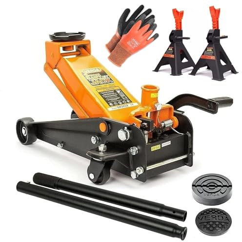 Hydraulischer Wagenheber 3T, 130-490 mm, 2X Gummi, Profilmesser Rangierwagenheber, Heber, Unterstellbock, Montagehandschuhe, Profi, Ständer, Flache, Wohnmobil, Geländewagen