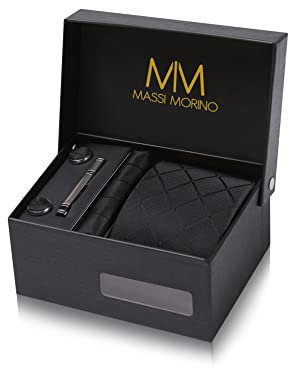 Massi Morino Krawatte Schwarz Quadrat mit Einstecktuch Set Herren inkl. Manschettenknöpfe, Krawattennadel und Geschenkbox - Männer Krawattenset