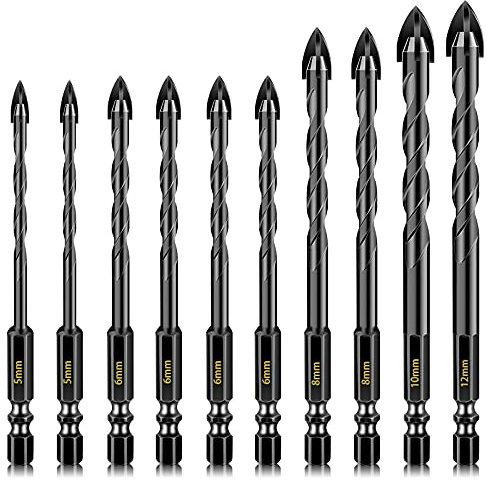 10 Pcs Masonry Drill Bits, Concrete Drill Bit Set for Tile, Brick, Glass, Plastic and Wood, Tungsten Carbide Tip Work with Ceramic Tile, Wall Mirror, Paver on Concrete or Brick Wall. (5-12mm)