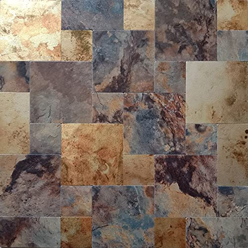 YMMXGE 5-Sheet Peel and Stick Backsplash Stone Tiles, Brushed Aluminum PVC Surface Metal Mosaic Sticker for Kitchen Wall (11.81x11.81Per Sheet) (5, Golden & Brown)