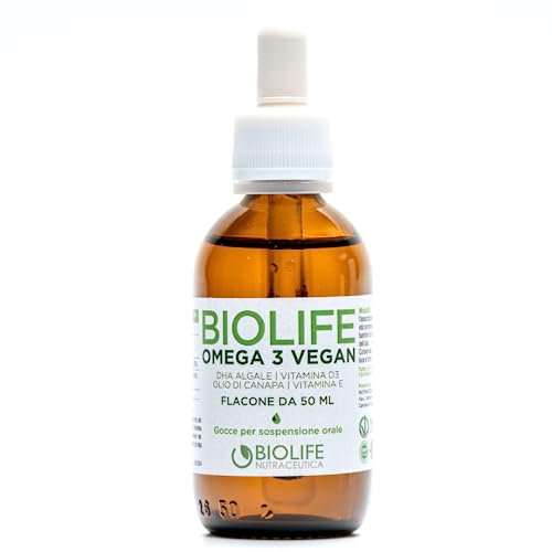 Biolife Omega3 Vegan | Integratore omega3 a base Olio di Semi di Canapa e Olio Vegetale DHA Algale Arricchito con Vitamina E e D3| Flacone da 50ml in Vetro| Pipetta Dosagocce | Omega3 per vegani