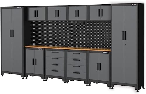 VITO Männerküche - Werkstatteinrichtung Set mit Schubladen 16-TLG ca. 395 x 50 x 200 cm, Garage Werkstatteinrichtung, Werkbank, Werkzeugschrank, Werkbank mit Holzarbeitsplatte - (VIAGCSET)