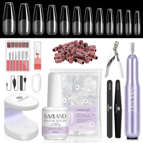 Saviland Gel Nail X Extension Set– Nagelspitzen und Kleber Gel Set mit Nagelfräser 4-in-1-Nagelkleber gel 500 Stück Full Cover Long Coffin Nail Tips U V Nagellampe Nail Design für Nagelverlängerung