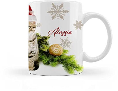 Cuor di Ceramica Tazza Mug Natalizia Merry Christmas con amici a quattro zampe personalizzata con nome (gatto)