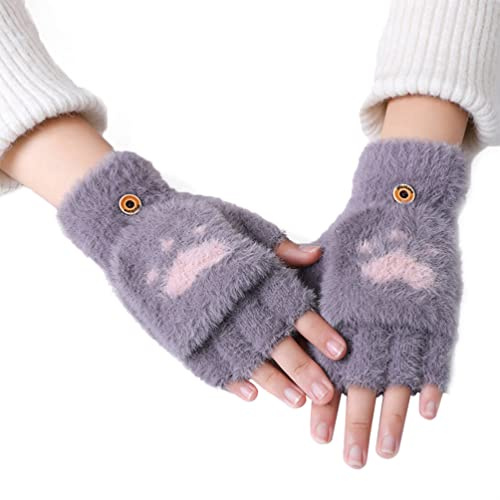 Kvinnor flickor vinter varma fingerlösa handskar vantar söt katt hund tass handskar mjuka fluffiga halvfingerhandskar med vantar skydd konvertibla flip top handskar pekskärm handskar för att skriva skriva cykling, Mörkgrått, en storlek