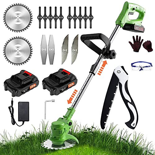 21V Cordless Strimmer with 2Pcs 2.0Ah Battery and Charger Battery Strimmer with 4 Types Blades Lightweight Cordless Grass Trimmer Height Adjustable Garden Strimmers Electric for Yard and Garden
