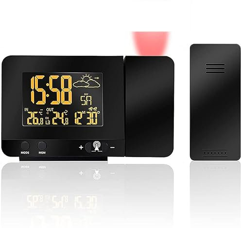 Projection Alarm Clock with Weather Station Thermometer Snooze Function 8 Backlight Colors Humidity Monitor Gauge USB Charger for Bedrooms