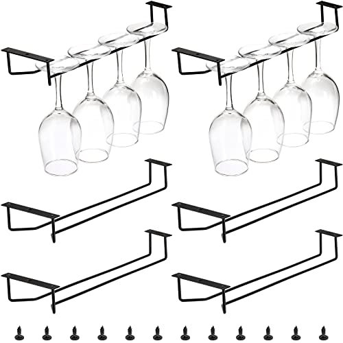 Dicunoy 6 Pack Wine Glass Rack, 14 Inch Under Cabinet Stemware Holder, Black Wall Mounted Iron Wine Glass Hanging Holder for Shelf, Kitchen, Bar, Wine Cellar Storage, Organizer, Display