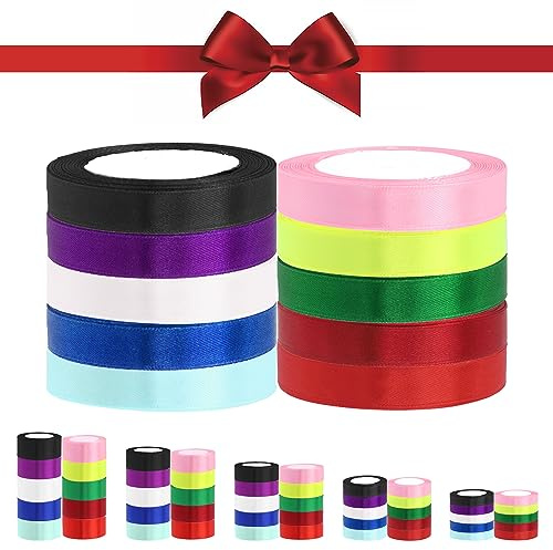 Glarks 10 Rolls 5/8 Inches x 25 Yards Satin Ribbons Set, 10 Colors Double Faced Polyester Fabric Ribbon Roll Fabric Satin Ribbon for Gifts Wrapping Hair Bows Flower Packaging Party Wedding Decoration