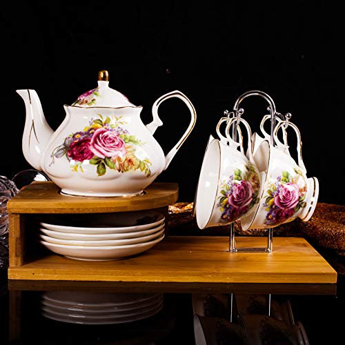JUNNIU Servizio da tè Floreale Vintage per Adulti Set da tè in Porcellana Britannica Set di Tazze da tè e piattino Set Regalo da caffè in Porcellana Cinese con Supporto per portabicchieri,A (B) (F)