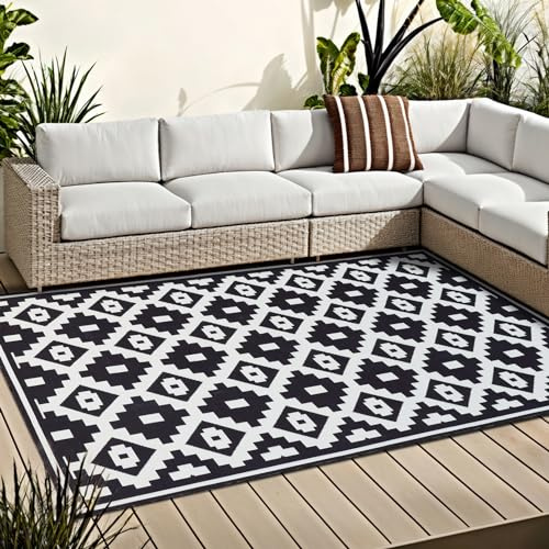 OMERA Großer In-& Outdoor Teppich - Wetterfest, 180X270CM, Schwarz-Weiß, Waschbar, Modern, Rutschfest