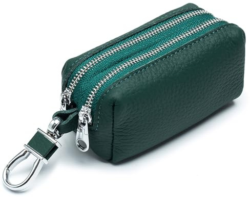 Guolich Auto-Schlüsselanhänger-Etui Doppelter Reißverschluss Leder-Schlüssel-Münzhalter Leder-Schlüsseletui mit Haken Multifunktionale Mini-Münzbörse Tragbarer Schlüsselanhänger Tasche Grün