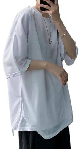 AYAZER Camiseta Irregular de Manga Corta para Hombre, Camisa con Abertura en el Fondo de Verano de Estilo Coreano, Top Suelto de Media manga-7804 Top-Blanco-M