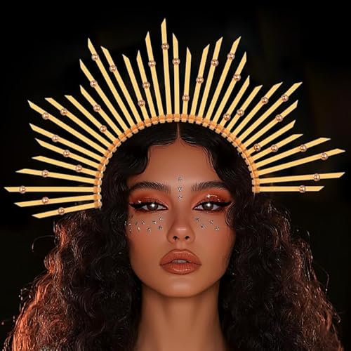 Fashband Mary Halo Krone Stirnband Gold Sonnengott Kopf Krone Sunburst Göttin Kopfschmuck Halloween Kostüm Haarband Haarschmuck für Frauen