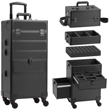 Somduy 4 in 1 Rolling Makeup Case on Wheels with Drawer and Professional Cosmetic Organizers for Salon Barber - Bright Black