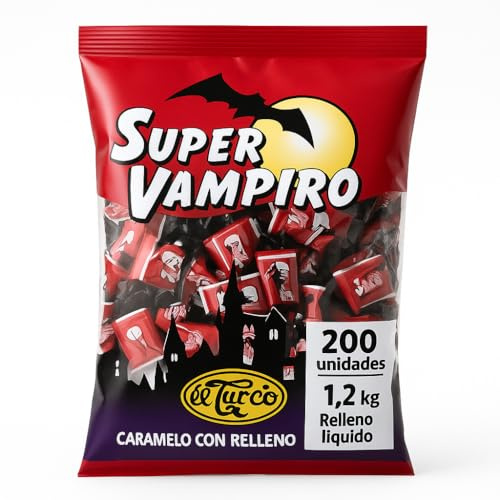 Caramelos Super Vampiro de Fresa, 200 Unidades, Caramelo Duro con Relleno de Gel de Fresa Ácida, Sin Gluten, 1,2 KG