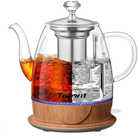 Topwit Electric Kettle Glass, For Hot Water, Tea and Coffee Dual Purpose Design, BPA-Free, 1L Pour Over Removable Stainless Steel Infuser, Auto-shut Off & Boil-dry Protect