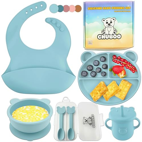 CHUBOO | Set Pappa Svezzamento Neonati | Bavaglino Silicone | Piatto con Ventosa per Bambini | Ciotola Svezzamento | Tazza |2x Cucchiaino Silicone Neonato | Porta Posate Bambini | Prima Pappa (Azzuro)