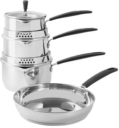 ProCook Gourmet Stainless Steel Cookware Set with Stay Cool Handles Uncoated Induction Pans Dishwasher Safe Cooking Pots - 4 Piece, 14/16/18/24 cm, 1/1.7/2.4 L
