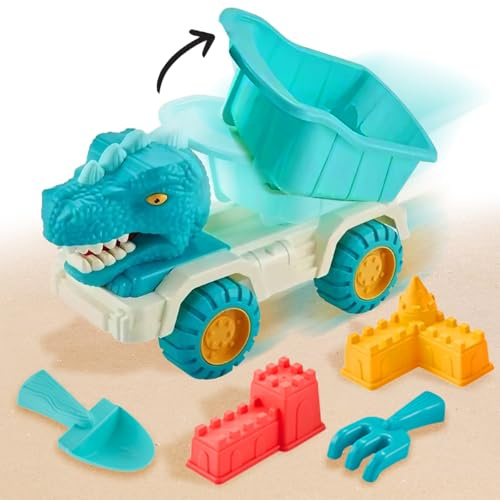 Xwin Sportseries 5 Pieces Beach Sand Toys Set for Kids, Dinosaur Truck, Yellow & Red Sandcastle, Shovel & Rake, Summer Gift for Boys & Girls, Outdoor Travel Fun Playset