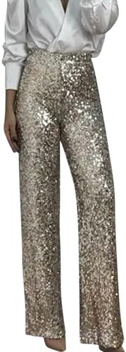 Damen Palazzo-Hose mit hoher Taille, glitzernd, mit Pailletten, weites Bein, metallisch glänzend, Clubhose, gold, 38