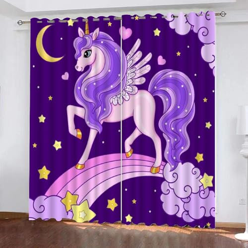Lila Mädchen Gardinen Motiv Einhorn Regenbogen 2 Stück H 160Cm X B 100Cm, Vorhang Blickdicht Ösen Kurz,Verdunklungsvorhänge Kinderzimmer Mädchen Jungen,Kinder Vorhang Verdunkelung Für Schlafzimmer,A25