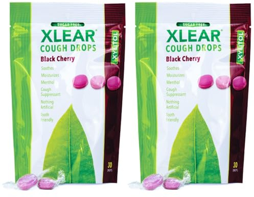 Xlear Xylitol Sugar-Free Cough Drops for Adults and Kids, Sugarless Dry Mouth Lozenges for Sore Throat Relief, Non-GMO, Gluten-Free, Natural Black Cherry, 30 Count (Pack of 2)