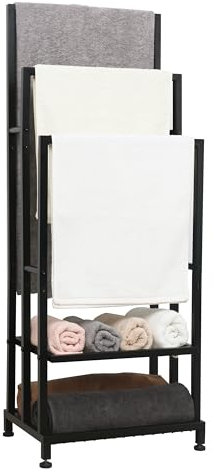 LOFTEY Free Standing Towel Rail, Towel Stand with 2 Storage Shelves, 3 Tier Towel Rack Free Standing, Freestanding Towel Rail for Bathroom & Bedroom, Black