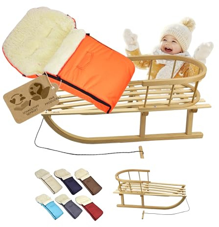 KOMBI-erbjudande träsläde med ryggstöd och dragrep universell vinteråkpåse (90 cm), även lämplig för babystol, barnvagn, buggy, av ull UNI (orange)