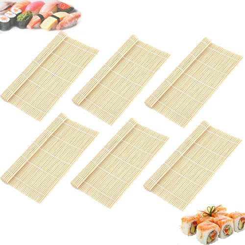 CPRNQY Bambus Sushi Matte und Rollmatte Set 6 Stück - Ideal für Picknick, Party, Schule
