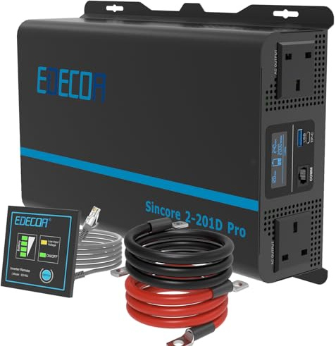 EDECOA 2000W Pure Sine Wave Power Inverter Peak 4000W DC 12V to 240V AC | with LCD display and EDRC remote controller, USB Port + Type-C Port, UK Outlets, for RV / Camper, Emergency Backup
