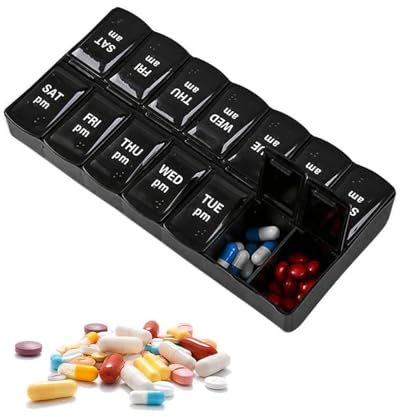 BPTRKOM 1 Stück Tablettenbox 7 Tage 14 Gitter - Pillendose mit verbessertem offenem Design,BPA-freier tragbarer Pillenbox für Medikamente, Vitamine,Nahrungsergänzungsmittel usw(mit Blindenschrift)