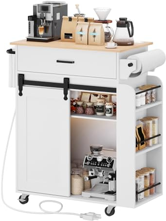 YATINEY Kitchen Island with Storage, Mobile Kitchen Cart with Charging Station, Kitchen Island on Wheels, Rolling Island Table with Sliding Cabinet Door, White and Natural ZD01UWN