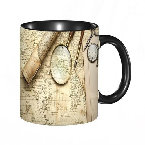 HRRASFAZF Taza divertida de cerámica de 11 onzas,Decoración Wanderlust, mapa del mundo vintage con objetos retro antiguos,Tazas Originales de Desayuno - Graciosos Ideas para Regalos - Cerámica 330 ml