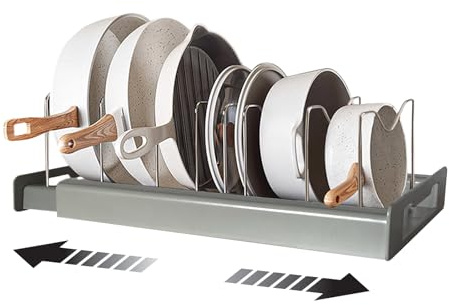 Fiyon Expandable Pots and Pans Organizer, Adjustable Pan Lid Holder Rack | Adjustable 10 Dividers: Customize spaces easily to fit various sizes of pots, pans, lids, bakeware, and cutting boards