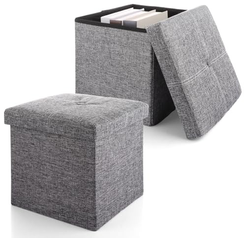 AHAQU 2PCS Ottoman Storage Box, 30x30x30cm Folding Foot Stool with Storage, Linen Toy Chest Box with Lid, Bench Foot Rest Stool for Living Room, Bedroom- Grey