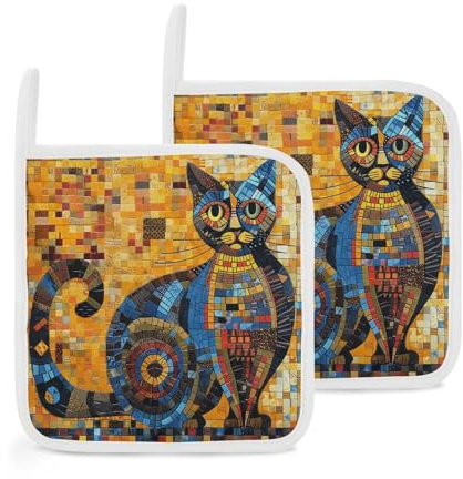 Lot de 2 maniques en forme de chat abstrait coloré résistant à la chaleur, tapis épais et chaud avec boucle antidérapante pour cuisine, cuisine, barbecue, four 20,3 x 20,3 cm