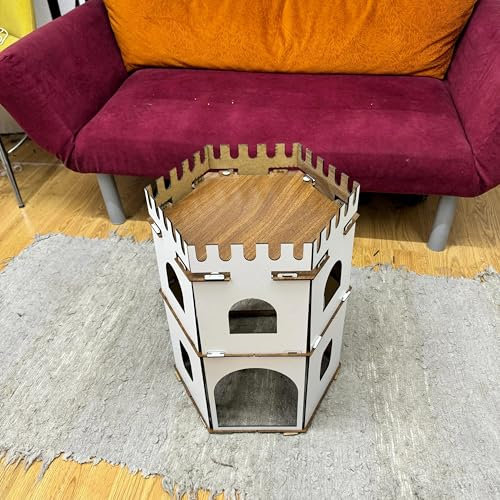 Hexagon Kaninchenhaus aus MDF – 2‑stöckige Holzburg mit Rampen – Zerlegbares Hasenhaus für 1–2 Kaninchen & andere Kleintiere – 50 cm hoch, handgefertigt, sicher & dekorativ (weiß-Nussbaum, N)