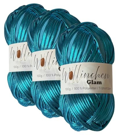 Wollinchen Glam – Metallic T-Shirt Garn 100 % Polyester, 100 g – Glänzendes Häkelgarn – Stretchy & Stabil – Ideal für Taschen, Deko, Makramee & DIY (metallic blau)