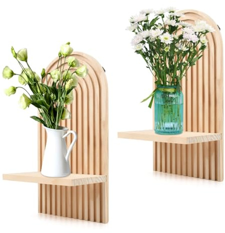TMBMLPP 2 Stück Wandregal Holz Boho,34,5 x 18cm Floating Shelves Holz,Kleines Regal Wand Mit 4 Befestigungsschrauben,Regale für Wände für Wanddeko Schlafzimmer (Holzfarbe)