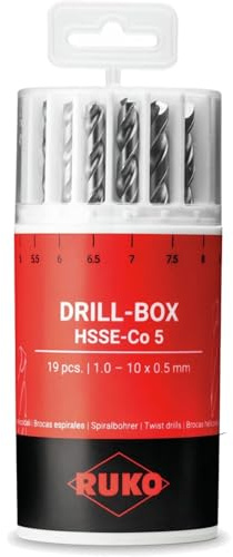 RUKO Drill-Box HSSE-Co 5 Spiralbohrer-Set 19-tlg. (Ø 1–10 mm, 0,5 mm-Schritte) – Hochleistung in Edelstahl & Stahl bis 1100 N/mm² – Made in Germany, kompakte Box